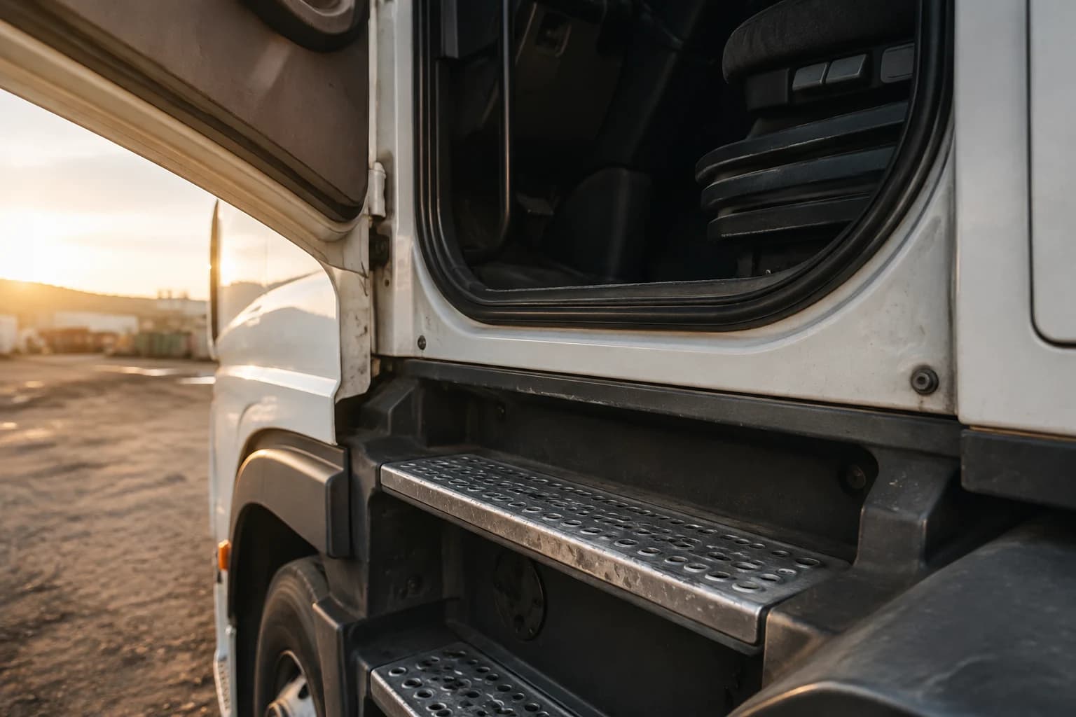 An open truck cab and steel steps, ready for the driver before departure